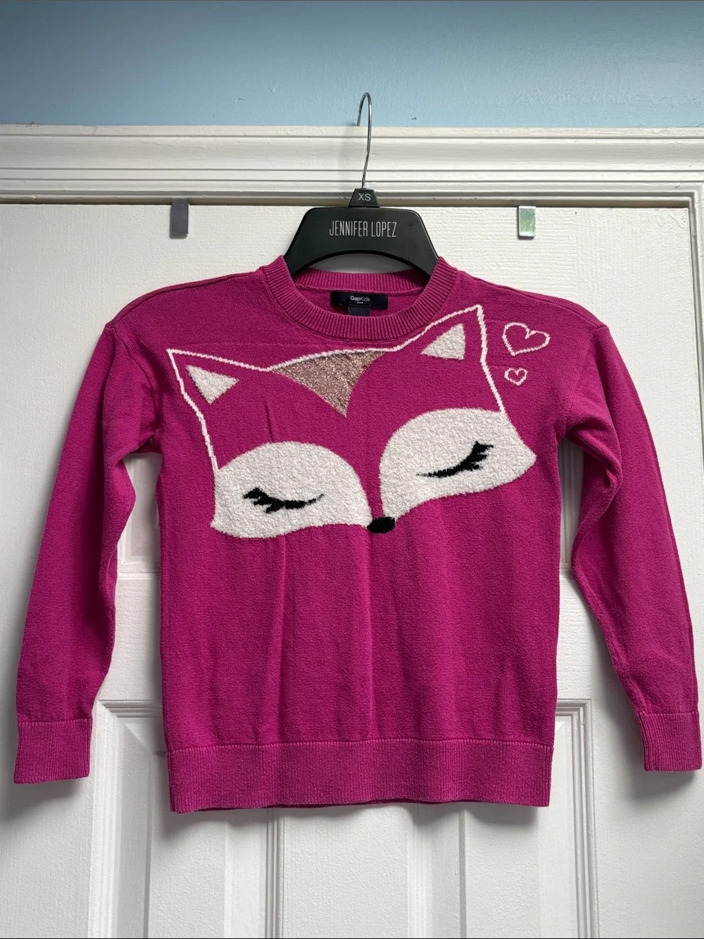 GAP Kids Magenta Pink Intarsia Crew Graphic Fox Knit Sweater 100% Cotton Girls S